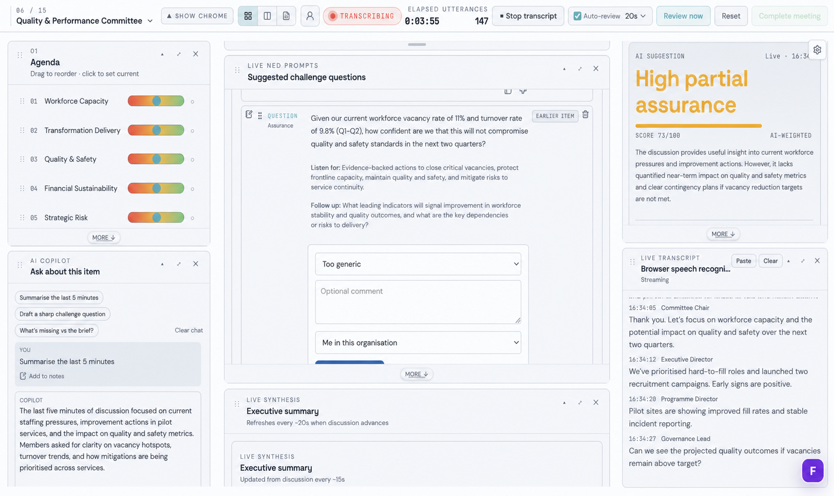 BoardCue Live populated board intelligence workspace during a fictional meeting